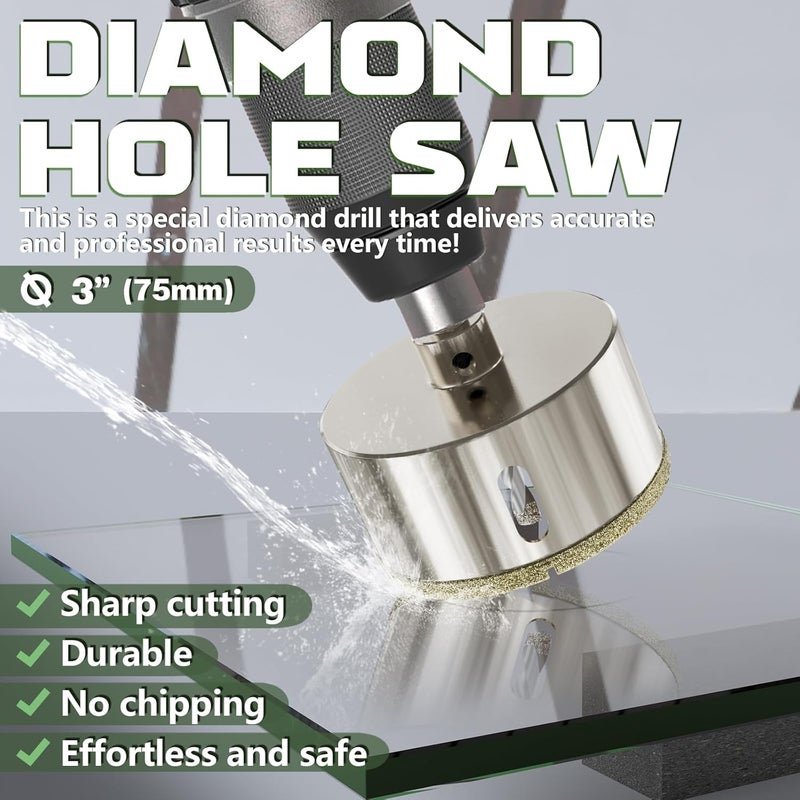 CSOOM 3"（75mm） Diamond Hole Saw with Center Drill Bit, One-Touch Positioning, Easy to Penetrate Hard Materials Such as Ceramic, Tile, Glass, Granite, Marble, etc. - Image 3